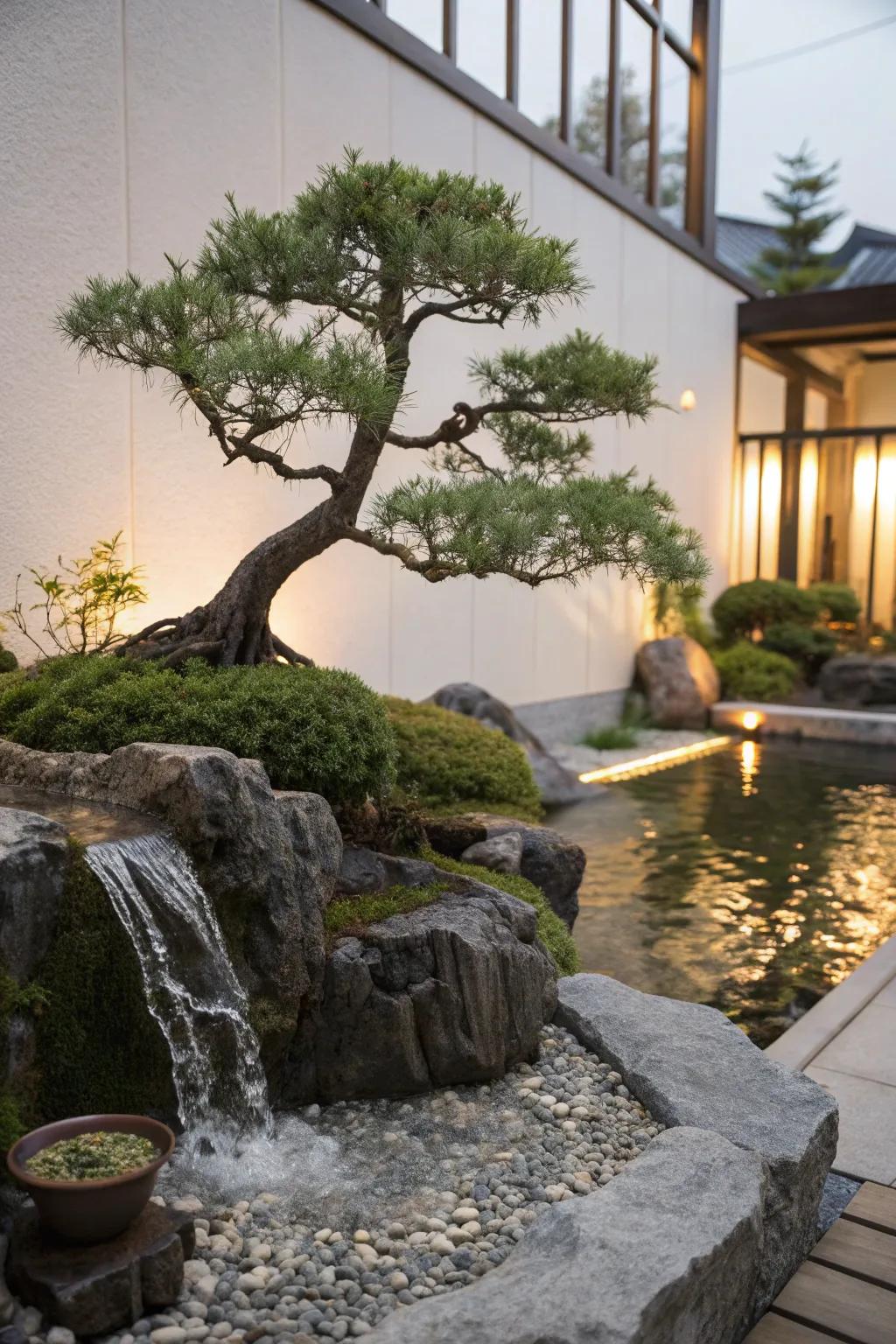 A calming bonsai water feature for a peaceful atmosphere