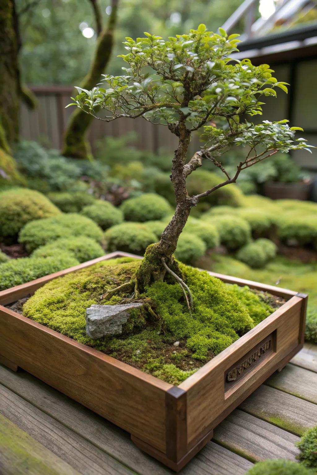 A bonsai tree and moss garden creating a lush display