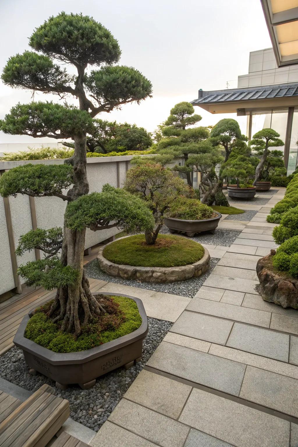 A serene bonsai forest display