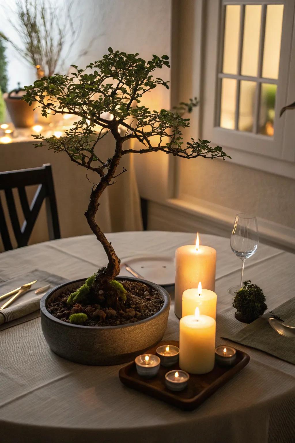 A warm ambiance with bonsai and candlelight