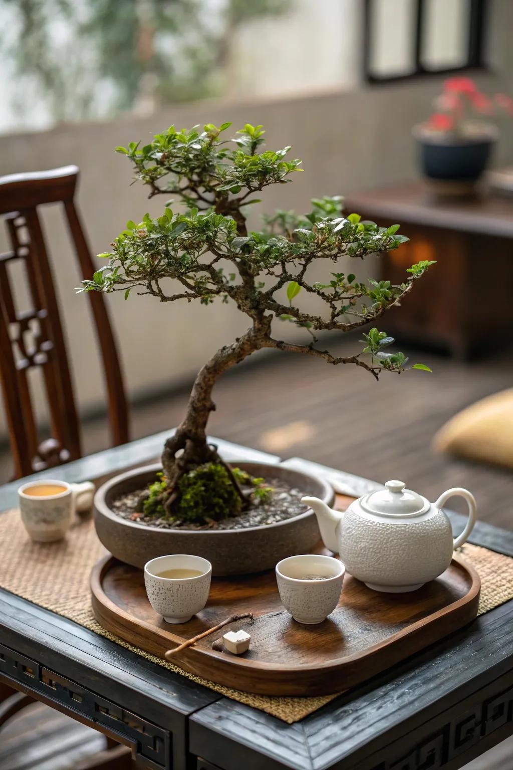 A bonsai centerpiece for an elegant tea table setup