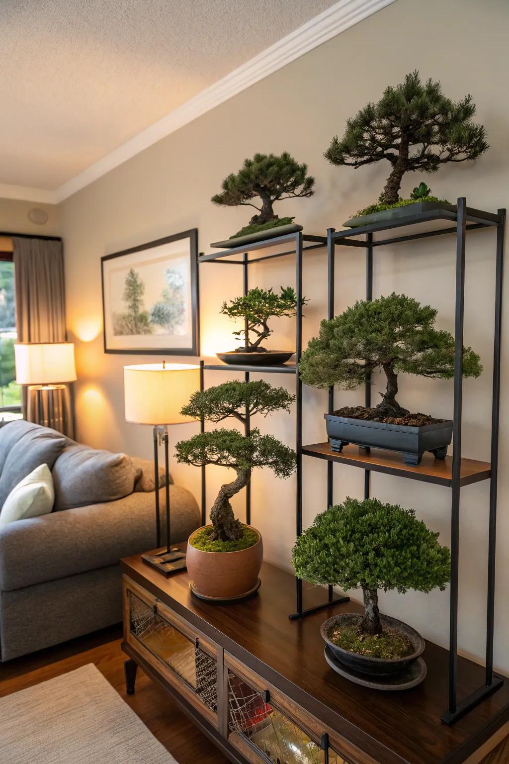 A tiered bonsai shelf display adding greenery to the wall