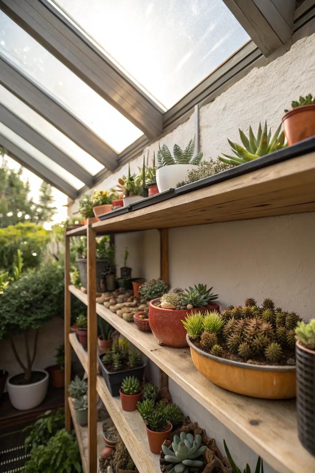 Shelves of succulents basking in the sunlight under a skylight.