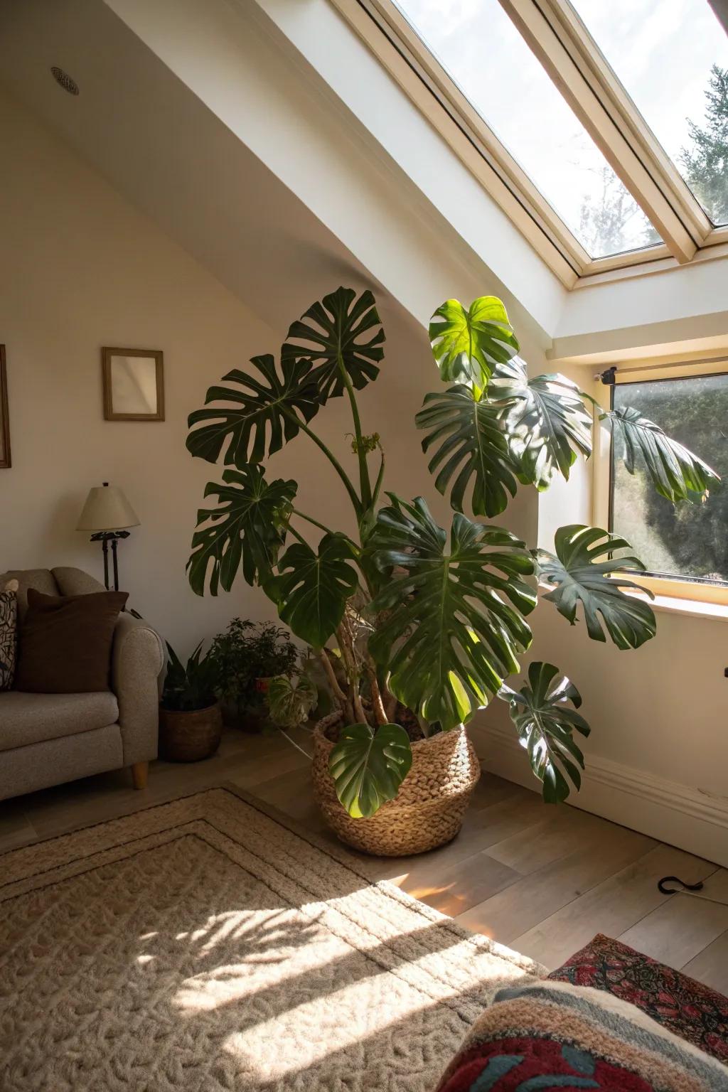 A monstera plant under a skylight, adding a tropical vibe to the room.