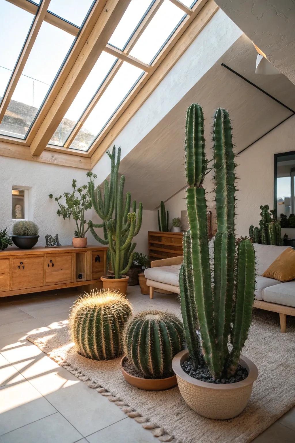 A diverse array of cacti thriving under a skylight, bringing a desert vibe indoors.