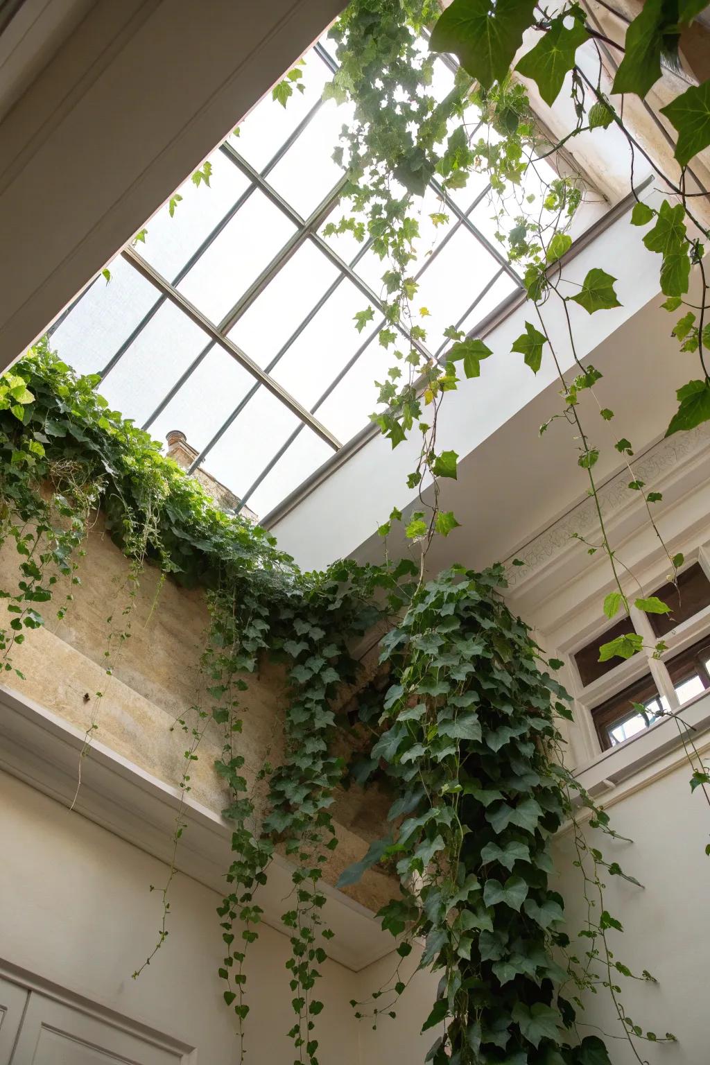 Trailing ivy under a skylight, creating an elegant, cascading effect.
