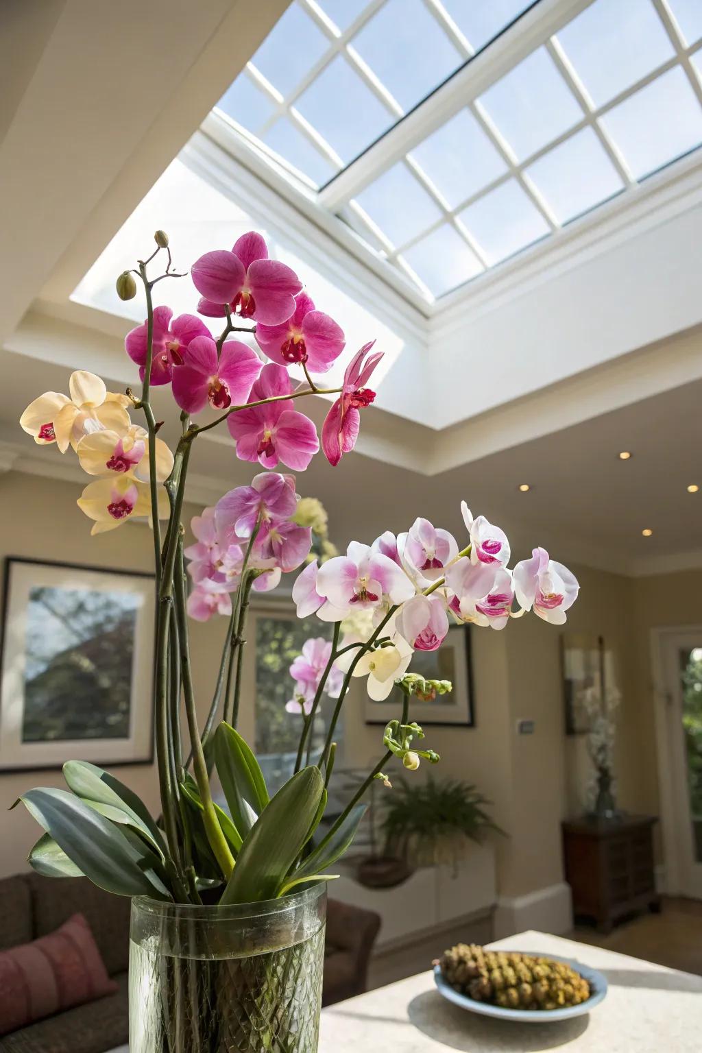 Elegant orchids thriving under a skylight, showcasing their vibrant blooms.
