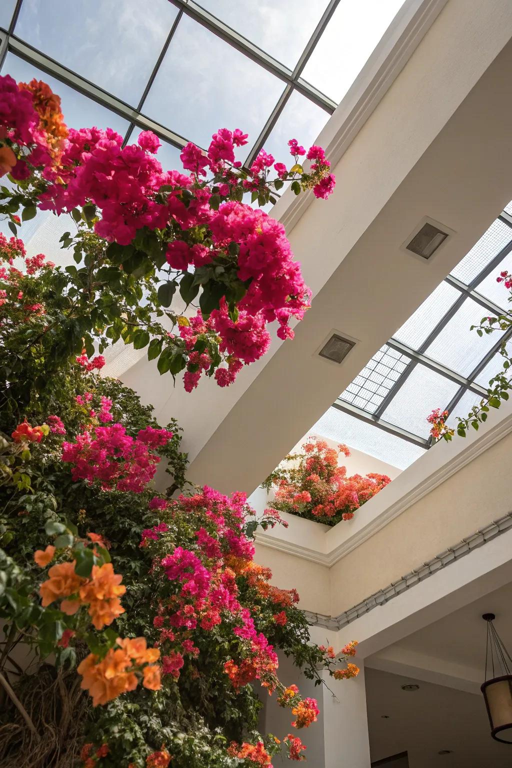 Bougainvillea under a skylight, bringing vibrant color and energy to the space.