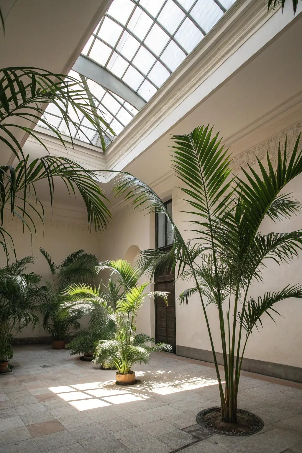 Palms under a skylight, adding a peaceful and calming vibe to the room.
