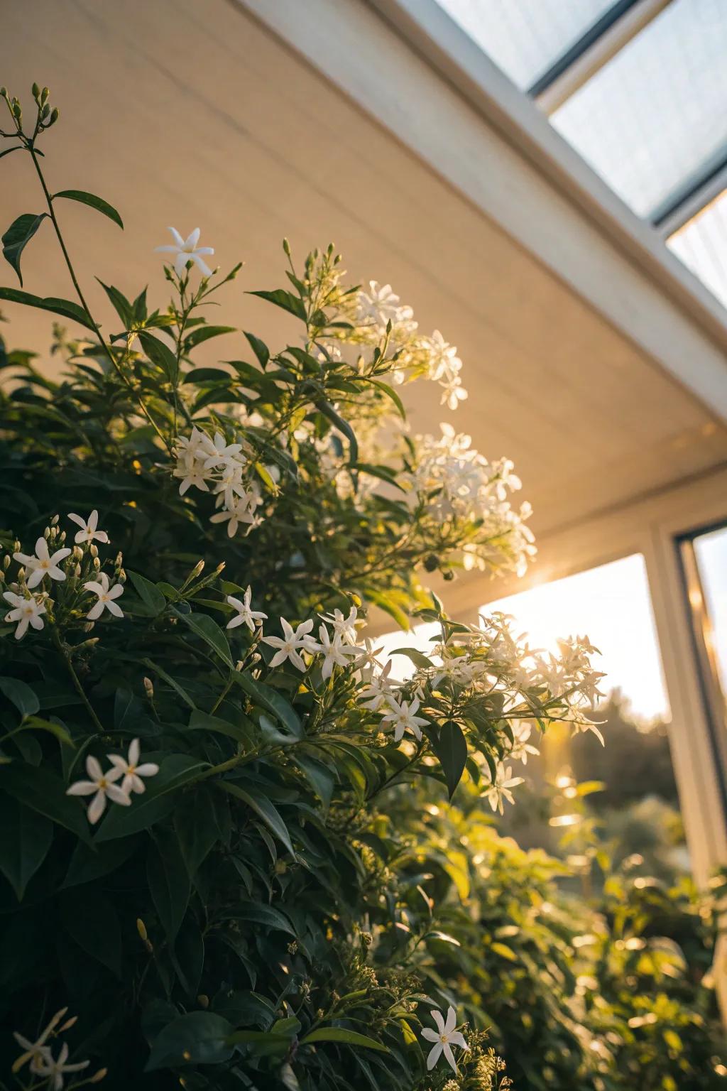 Jasmine under a skylight, filling the room with its enchanting fragrance.