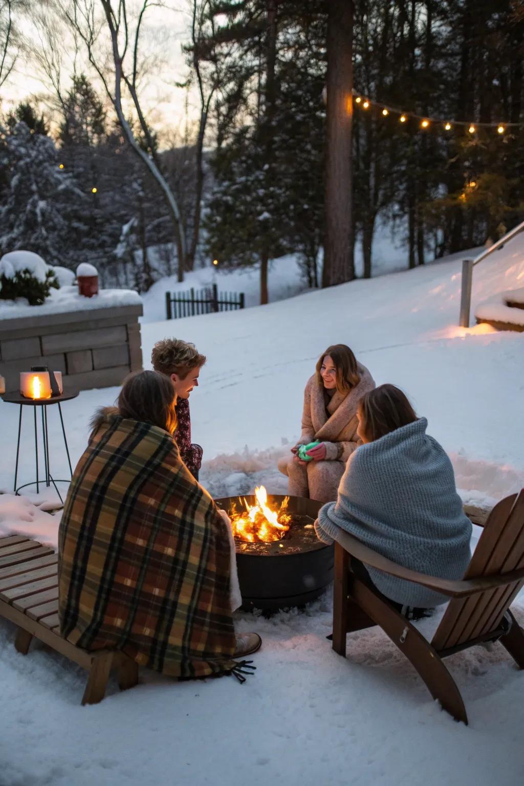 Create a warm and inviting atmosphere with a cozy fire pit gathering.