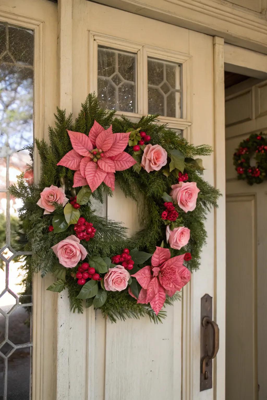 A floral fantasy wreath with pink roses and poinsettias for a natural festive touch.