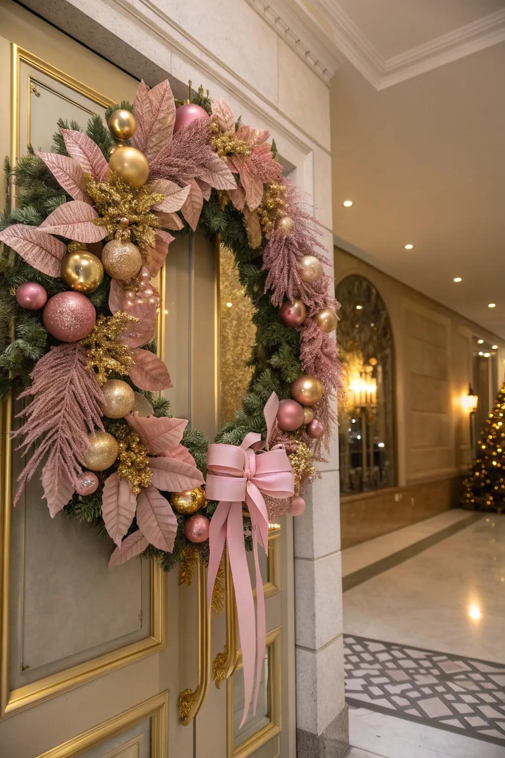 A luxurious wreath combining pink and gold for an opulent holiday touch.
