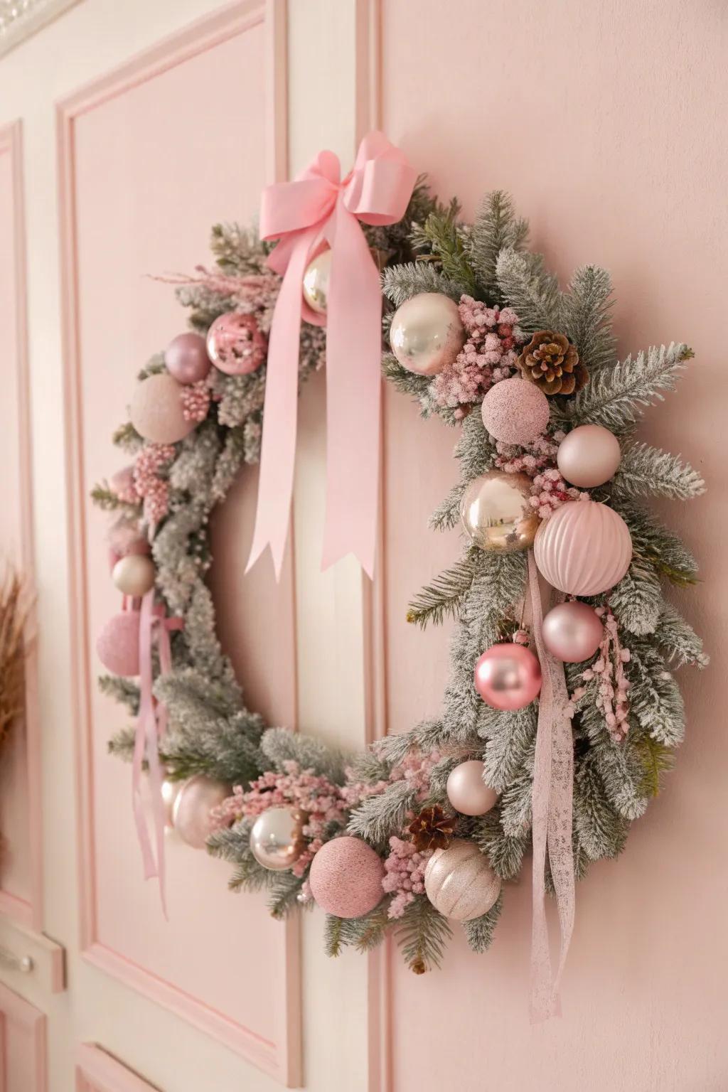 A pastel pink dream wreath that exudes a gentle holiday charm.