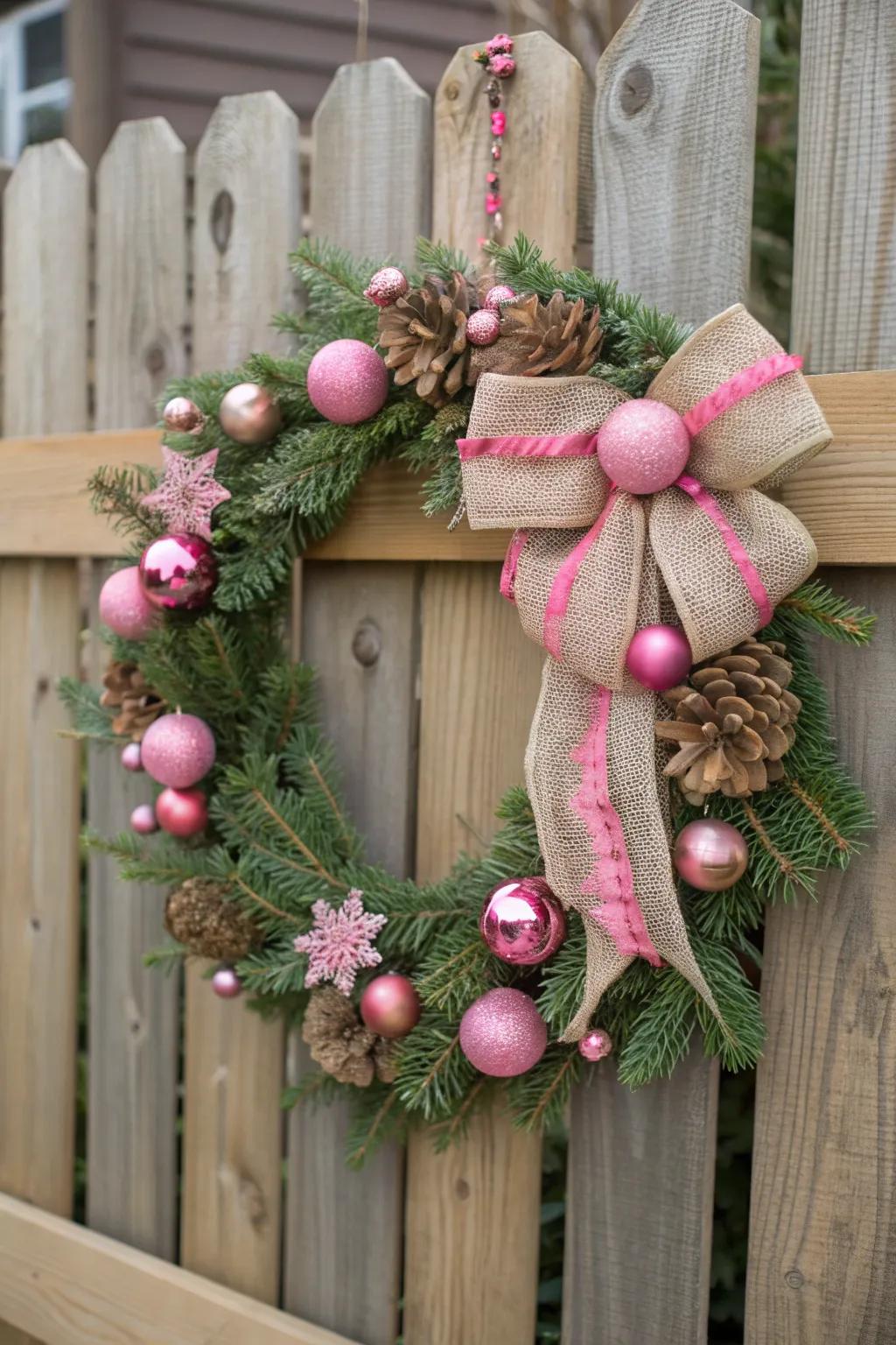 A rustic pink and burlap wreath that brings warmth and charm to the holidays.