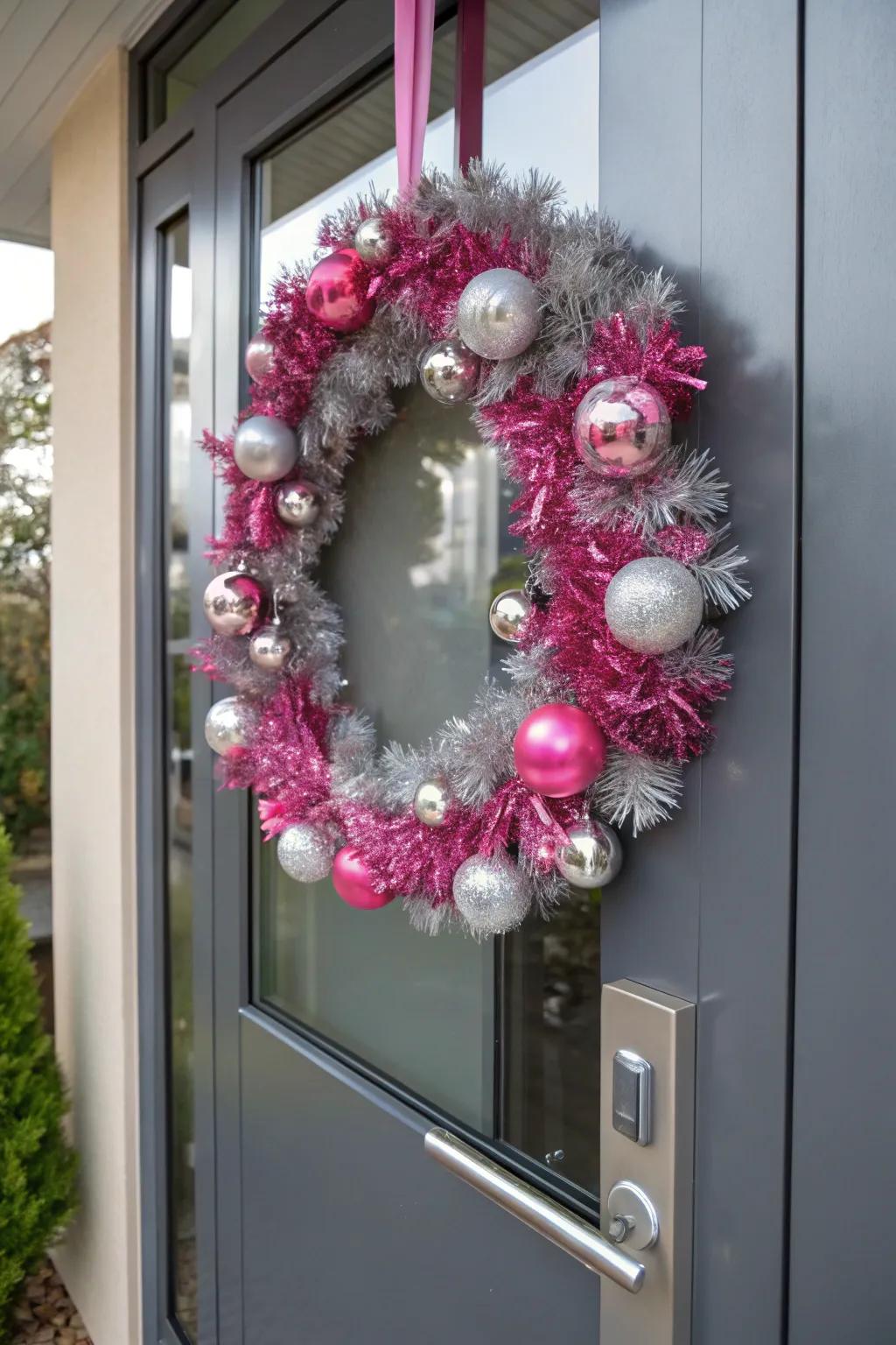 A pink and silver glam wreath that adds sparkle and sophistication to your home.