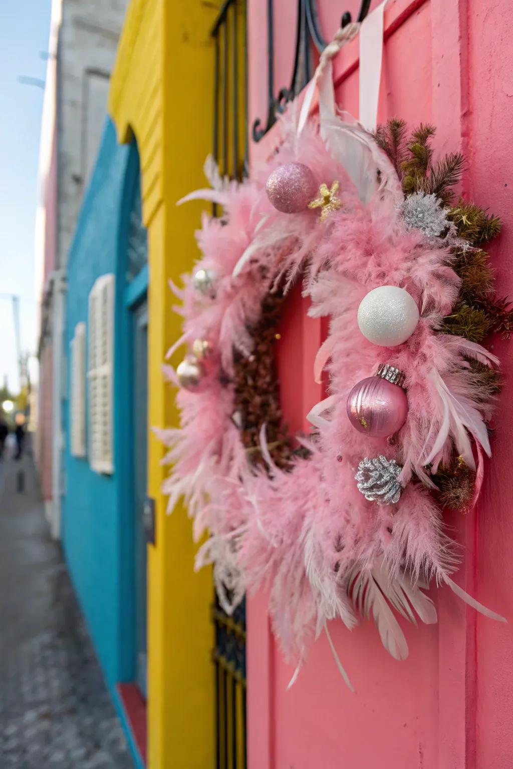 A pink feathers and fun wreath that adds a whimsical touch to your decor.