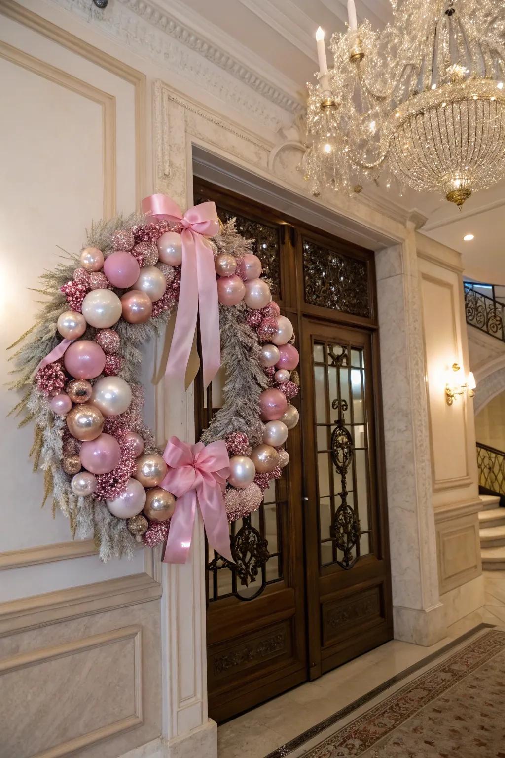 A glamorous pink pearl wreath that adds sophistication to your holiday decor.