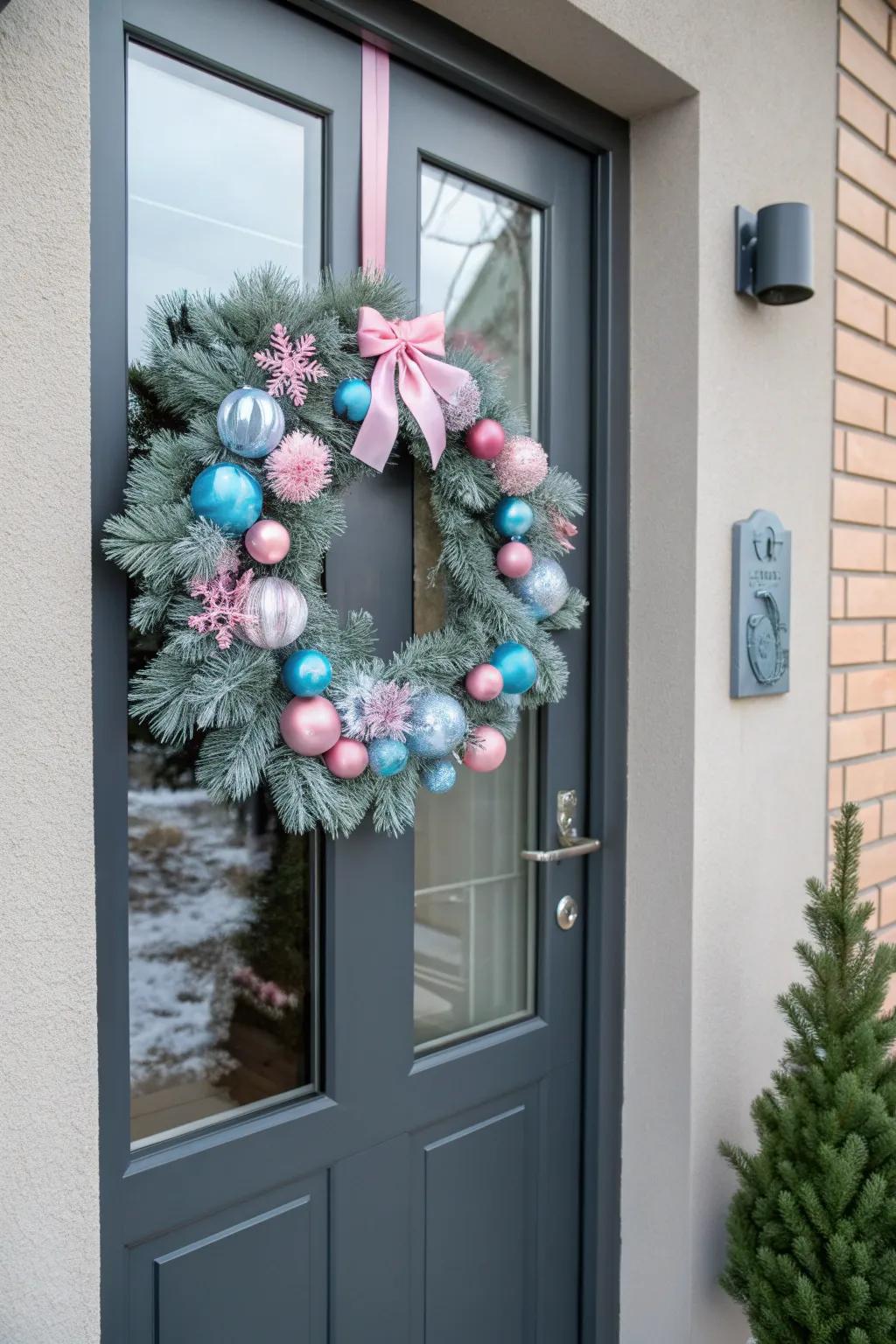 A pink and blue harmony wreath that captures the beauty of complementary colors.