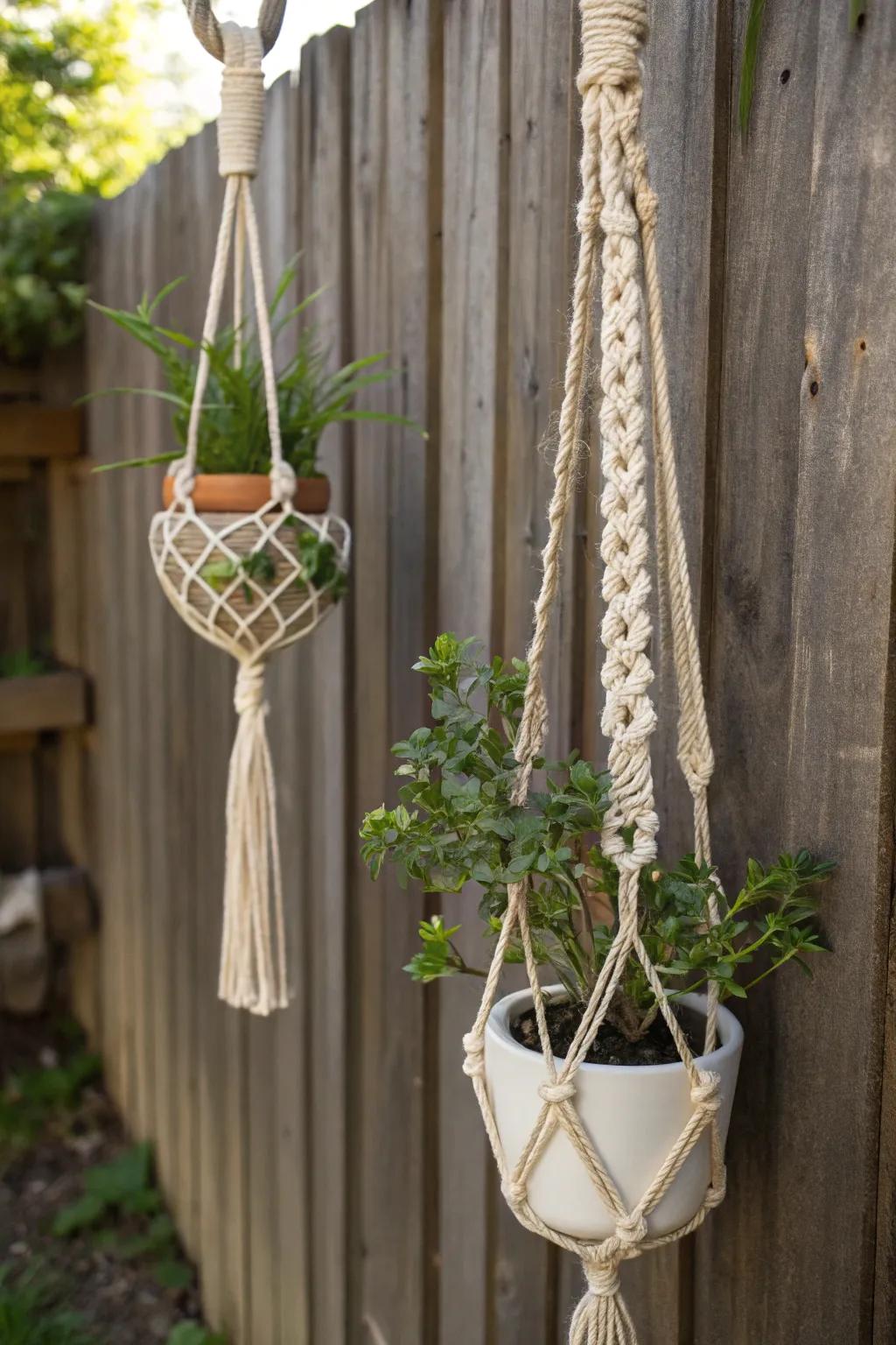 Macramé plant hangers add a personal and stylish flair to outdoor spaces.