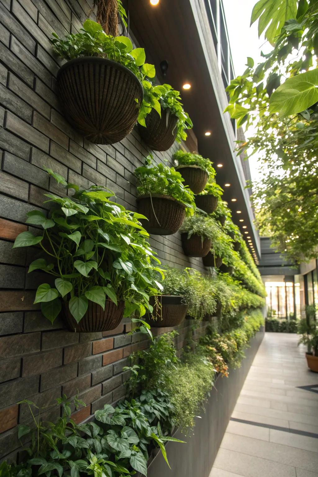 Vertical garden walls maximize space and add lush greenery.