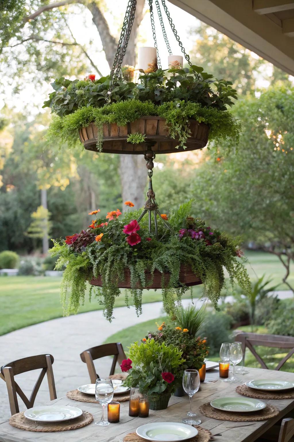 A living chandelier adds drama and elegance to outdoor spaces.