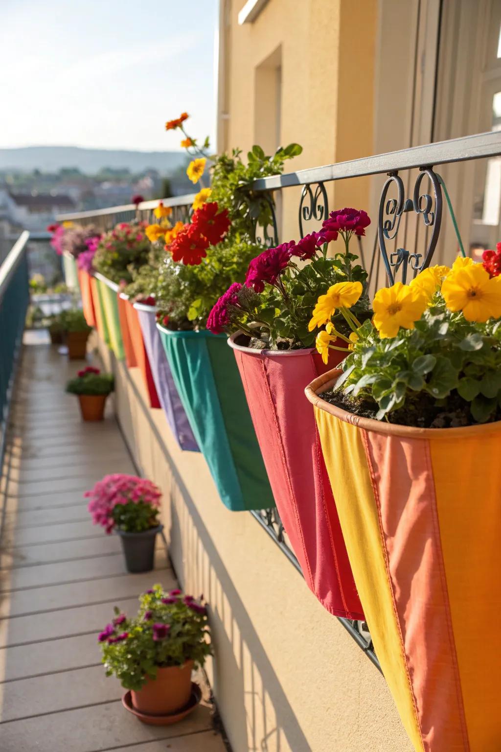 Colorful fabric planters add a vibrant touch to any garden.