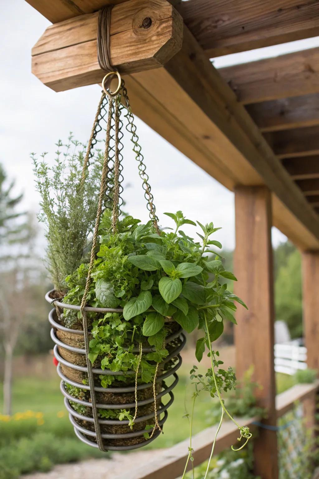 Herb spiral hangings offer a space-efficient way to grow herbs.
