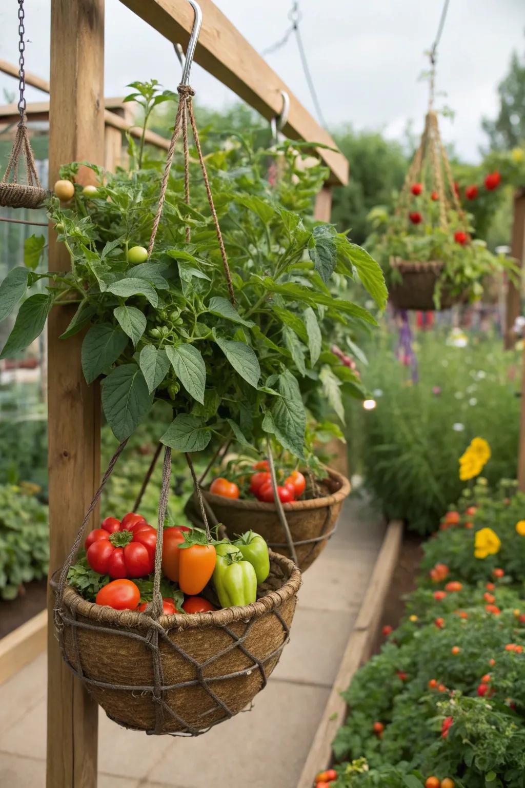 Hanging vegetable baskets offer fresh produce and visual appeal.