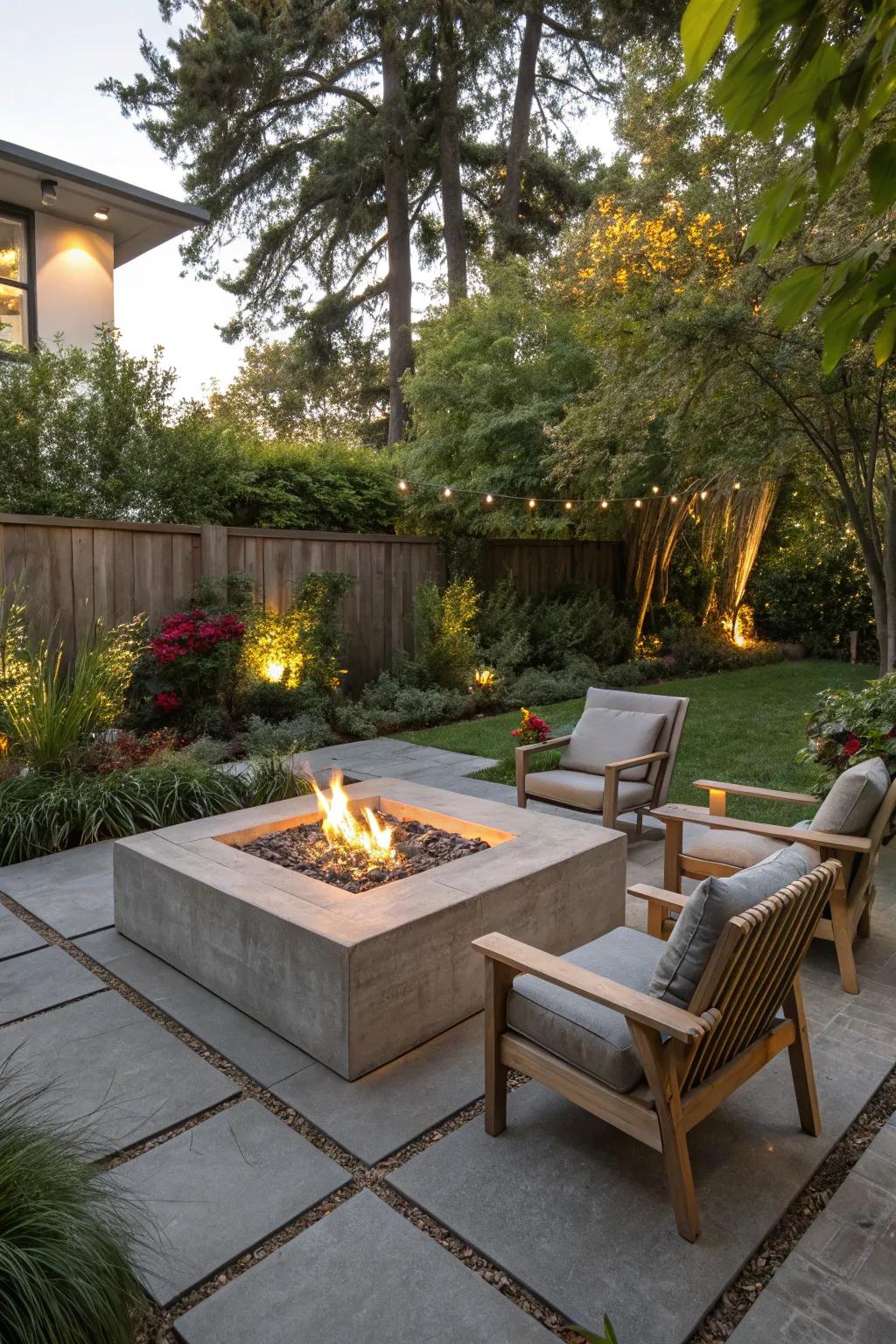 A modern concrete fire pit surrounded by cozy seating