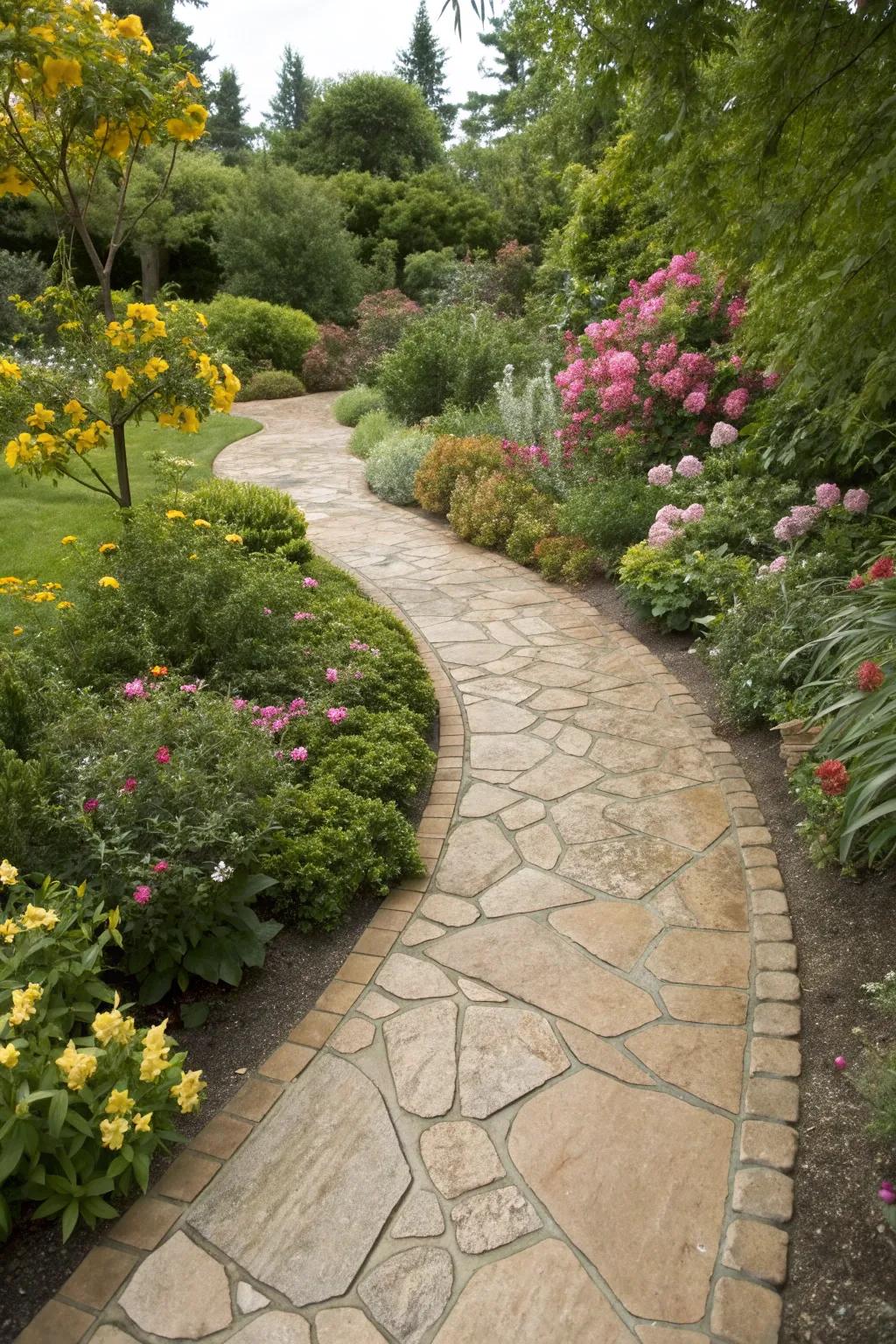 A stamped concrete walkway that resembles natural stone