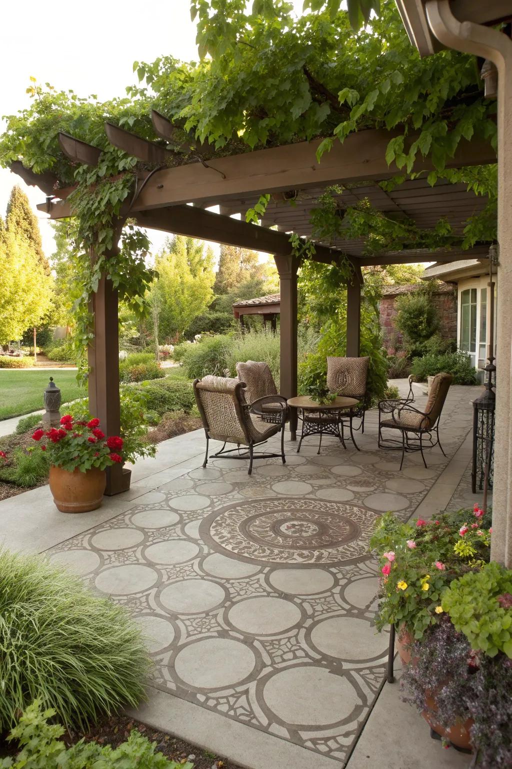A pergola with decorative concrete flooring for a stylish outdoor retreat