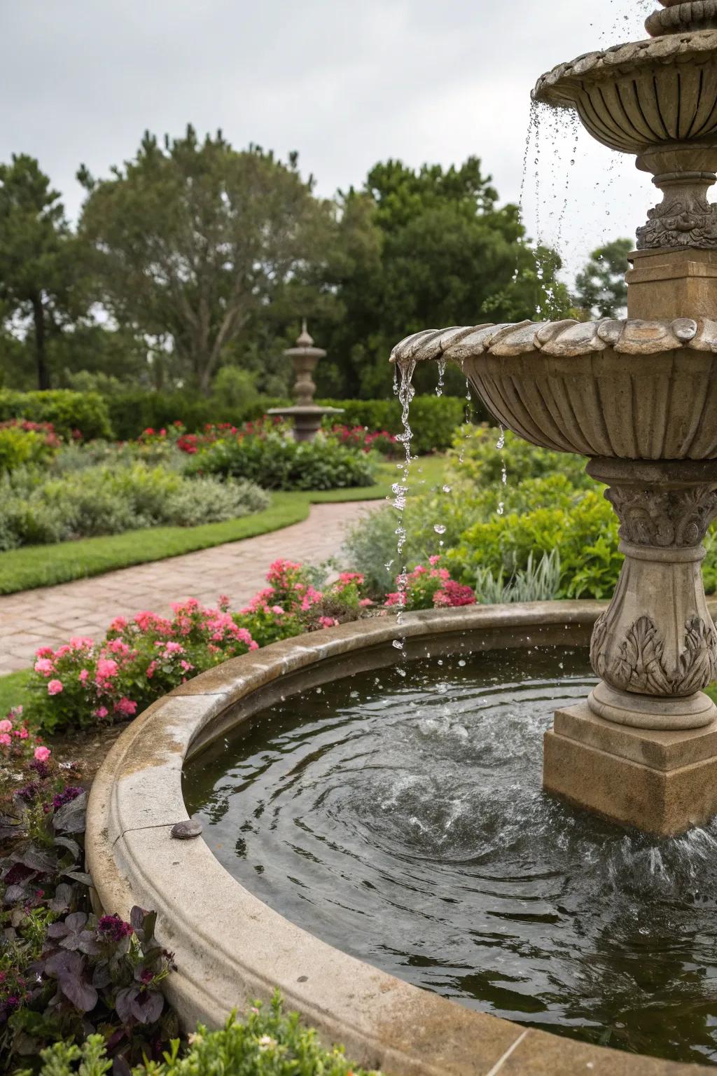 A tranquil garden oasis with a decorative concrete water feature