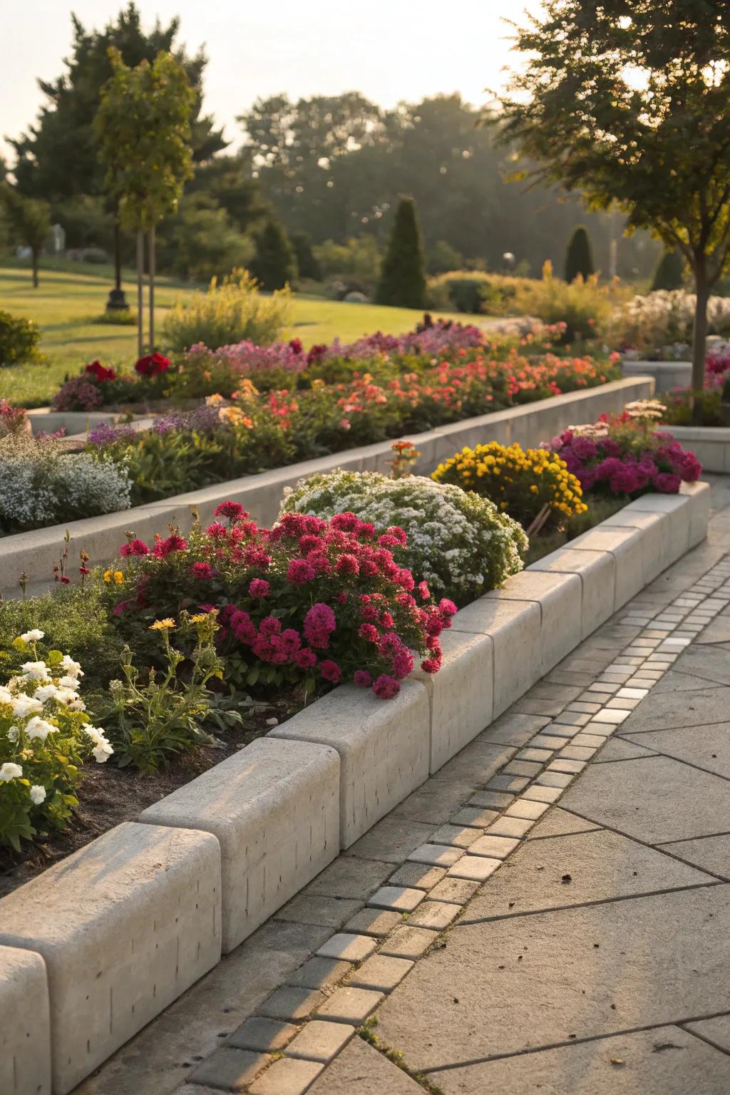 Decorative concrete borders adding structure to a garden