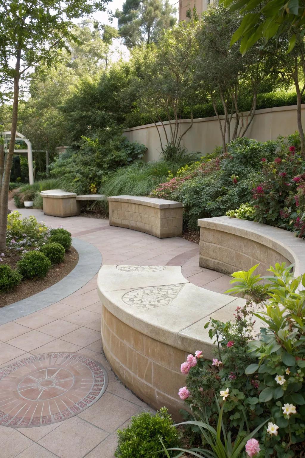 A cozy outdoor nook with decorative concrete seating