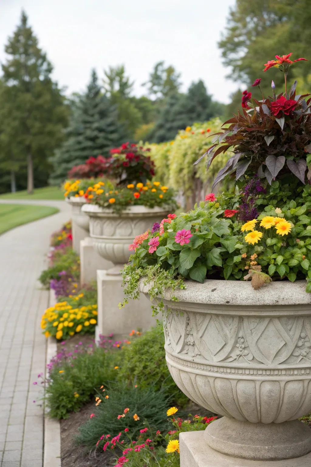 Stylish decorative concrete planters showcasing vibrant plants