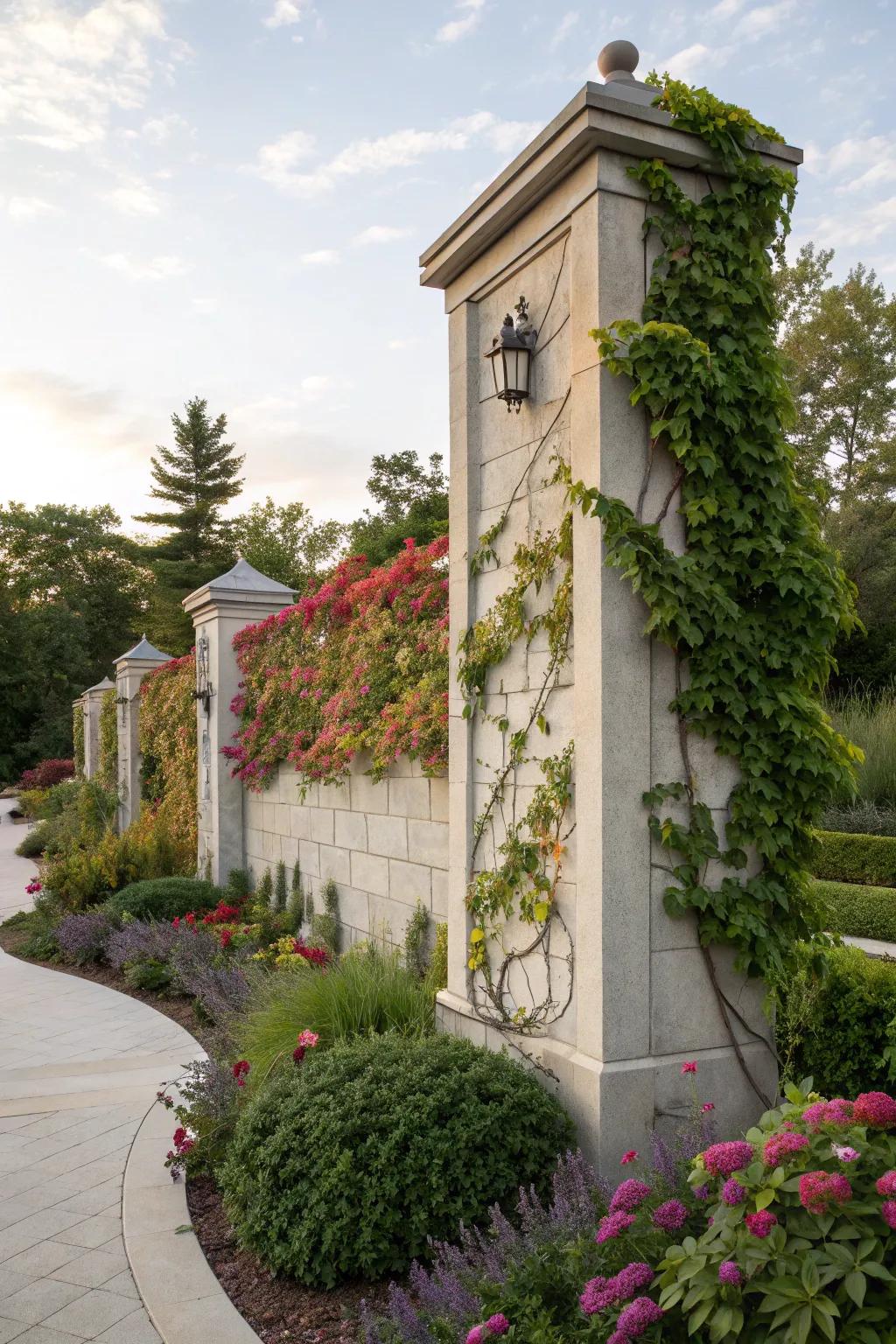 A striking decorative concrete wall with climbing plants