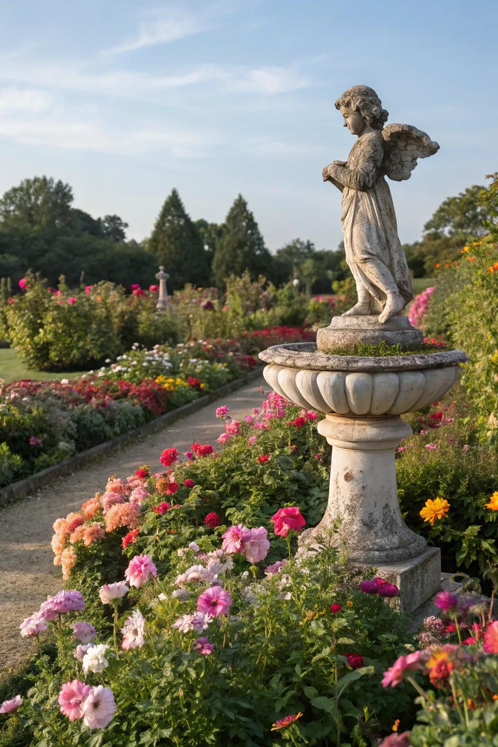 A charming concrete statue nestled among garden plants