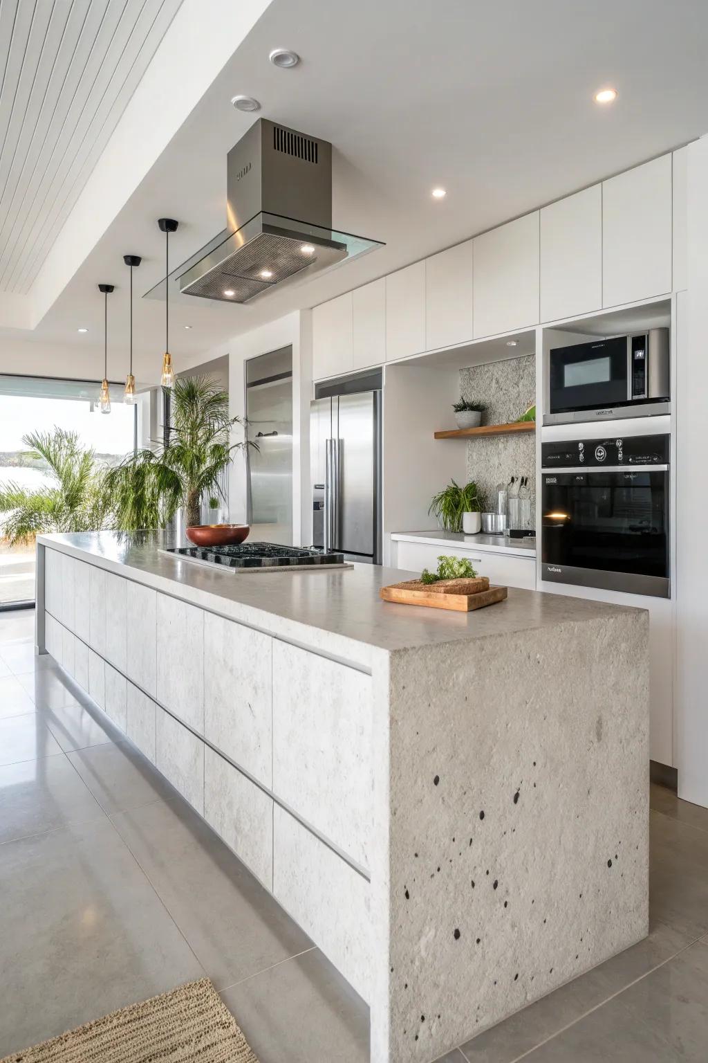 A modern kitchen featuring a sleek concrete countertop
