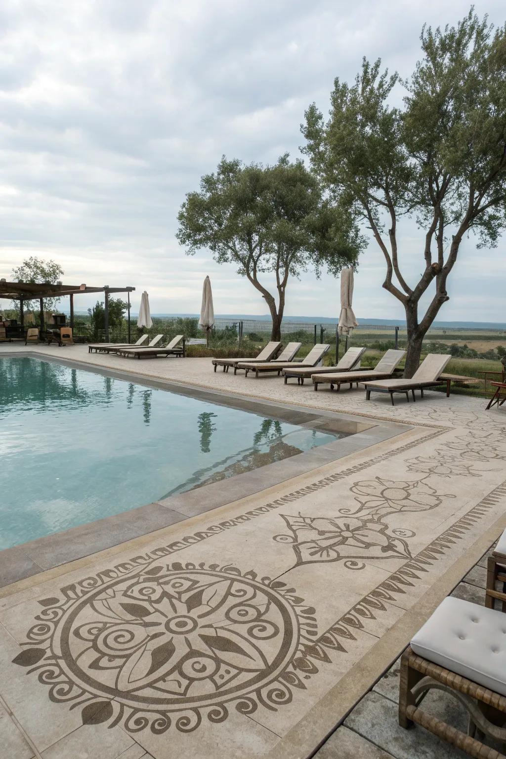 A stylish pool deck with decorative concrete for safety and aesthetics