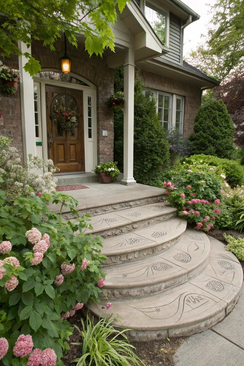 A striking entrance with decorative concrete stairs