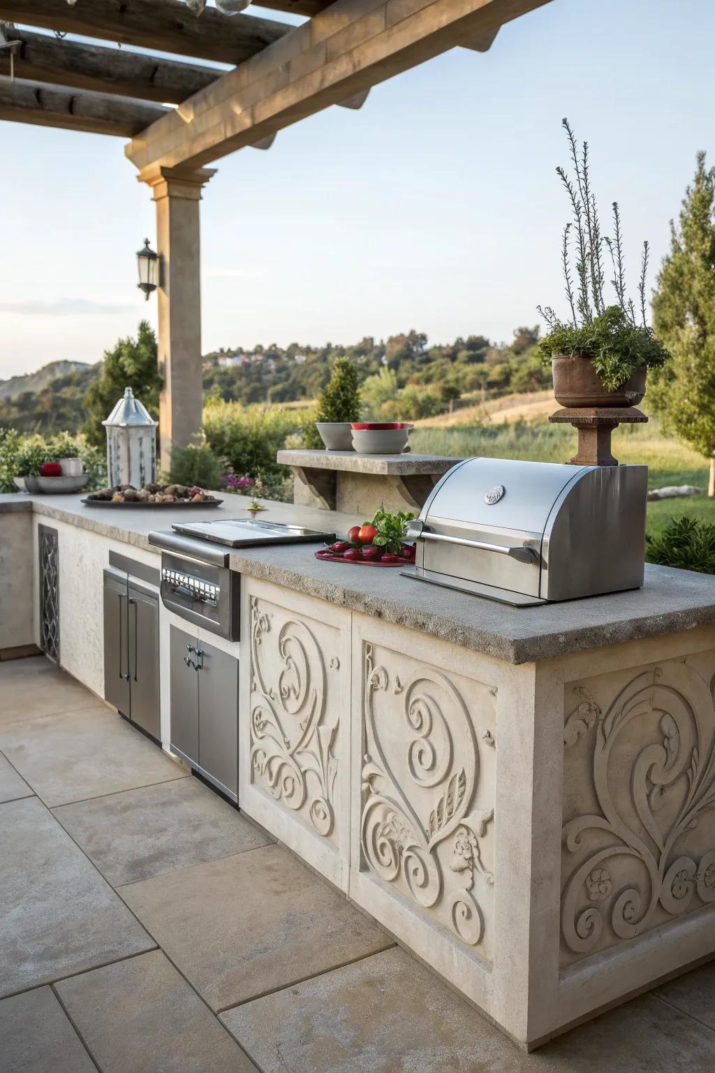A gourmet outdoor kitchen with a sleek concrete countertop