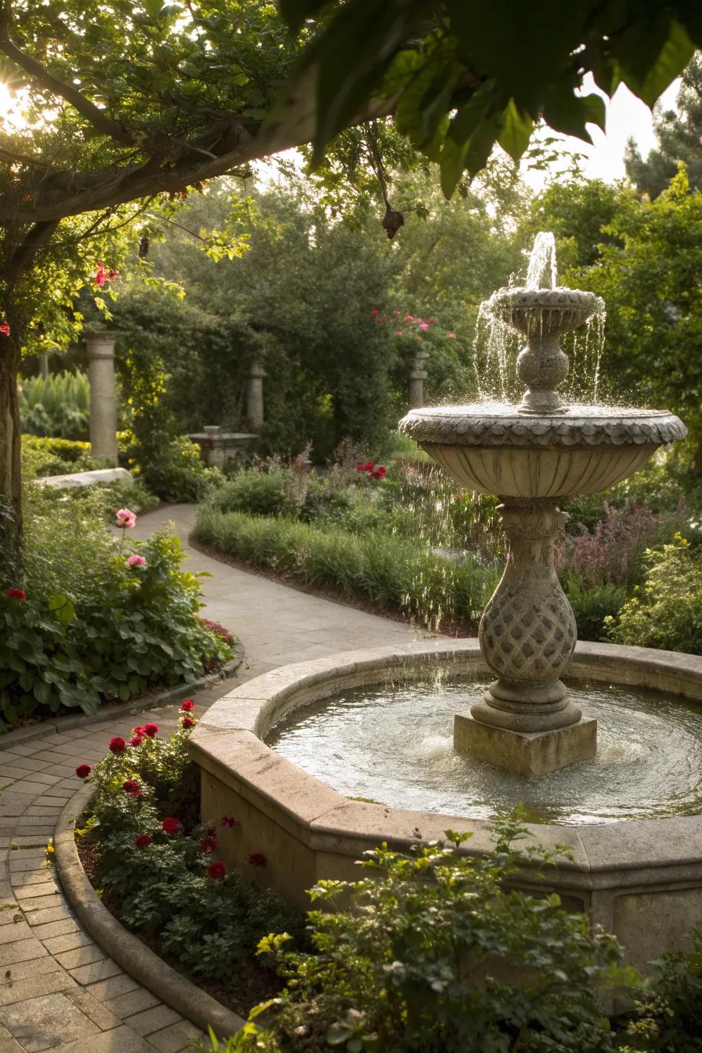 A serene garden retreat with a soothing concrete fountain