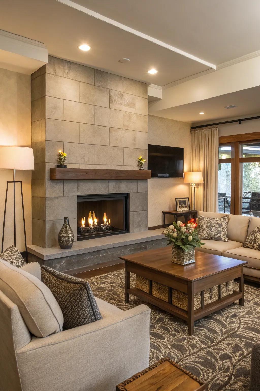 A stylish living room with a modern concrete fireplace