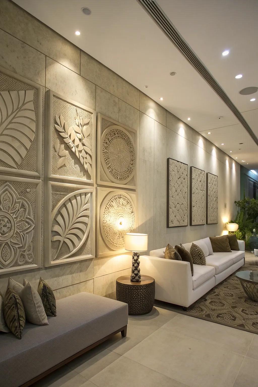 A creative indoor space featuring decorative concrete wall art