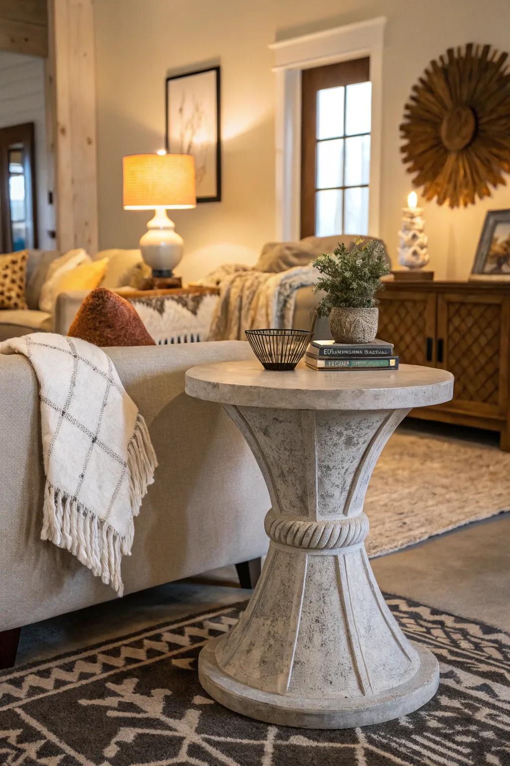 A modern living room with a concrete accent table