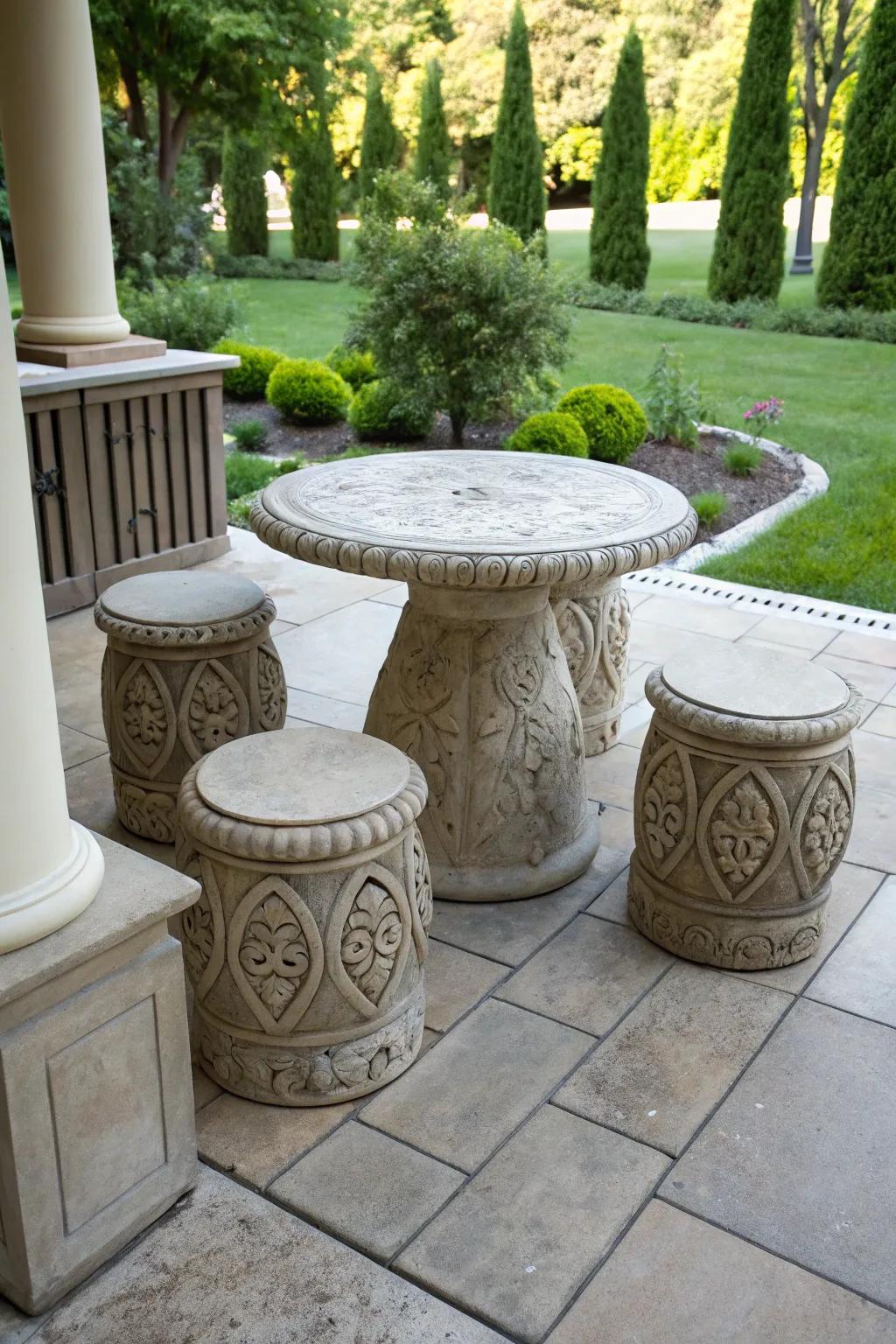 A stylish patio with custom concrete furniture