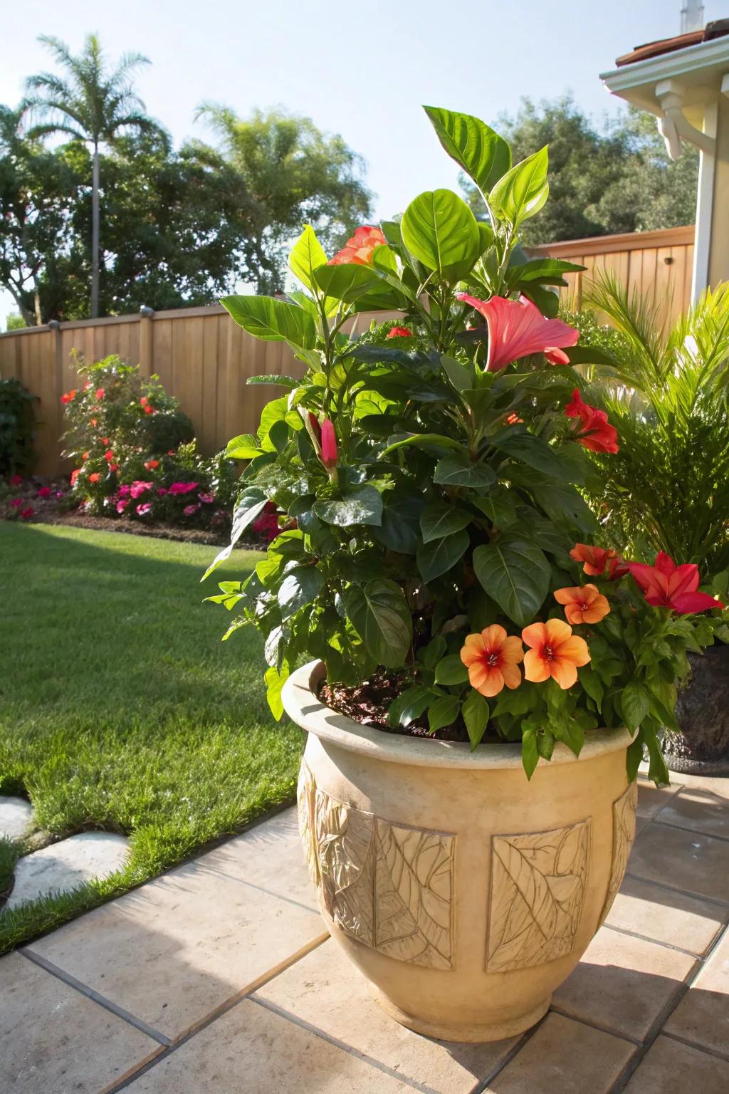 Transform your garden with a tropical flair using hibiscus and mandevilla.