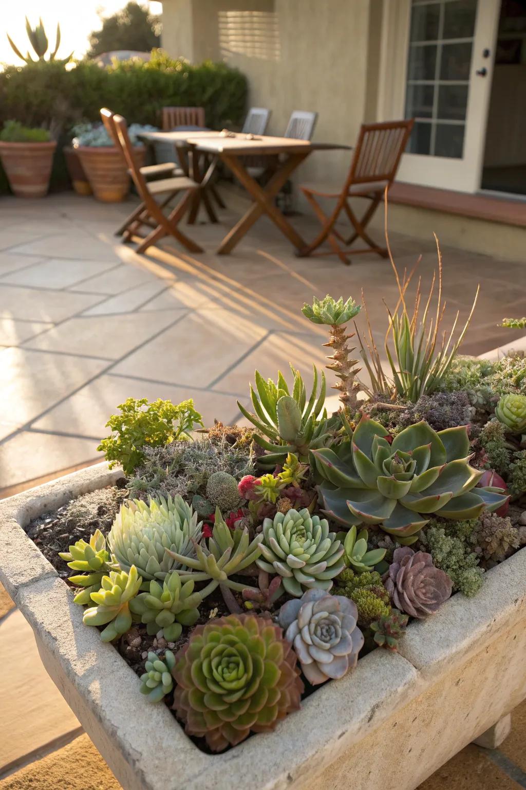 Showcase the beauty of succulents with a diverse and drought-friendly planter.