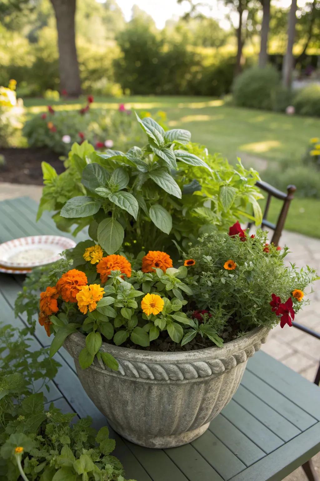 Enjoy the fusion of herbs and flowers in a fragrant and colorful planter.